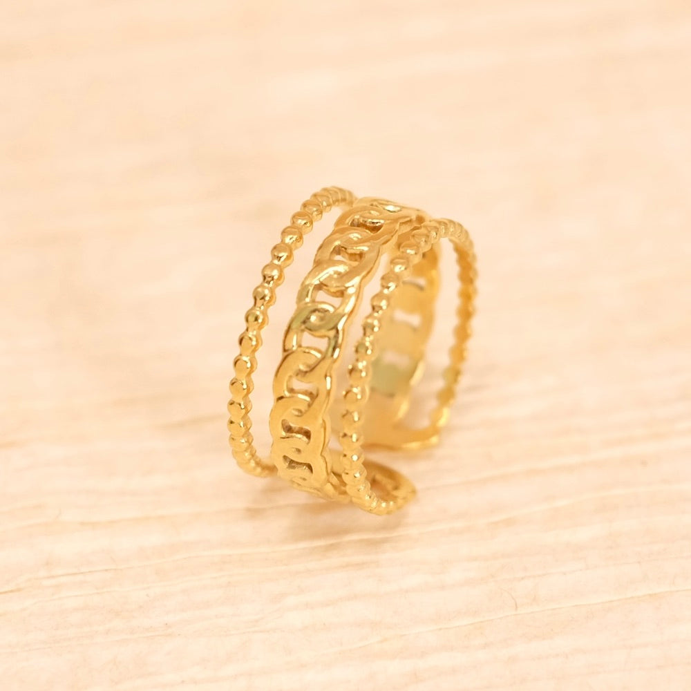 Bague triple motif chaine en acier inoxydable 304 Doré 18K