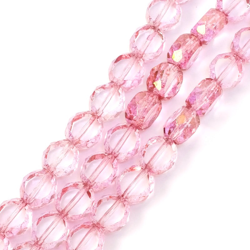 Fil de perles de Bohème rondes aplaties facettées 10mm rose irisé doré transparent 