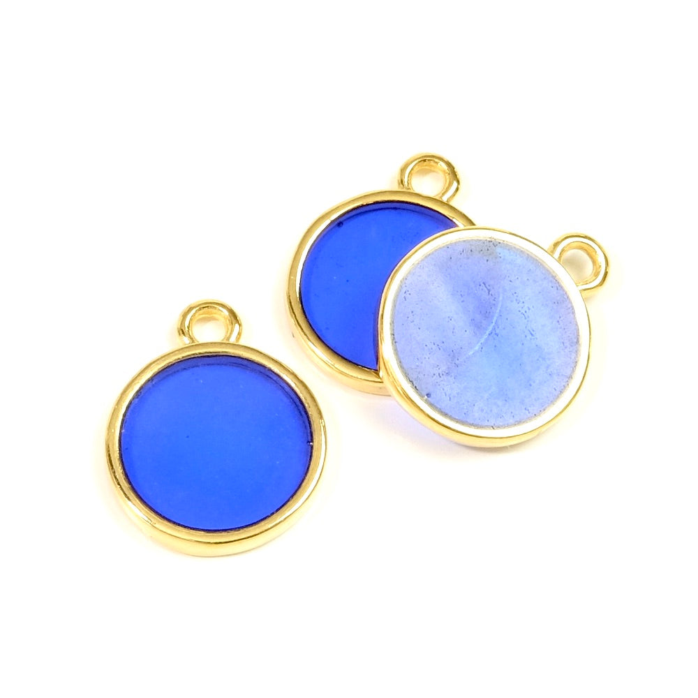 2 Pendentifs vitraux rond en Zamak doré 24K Bleu nuit