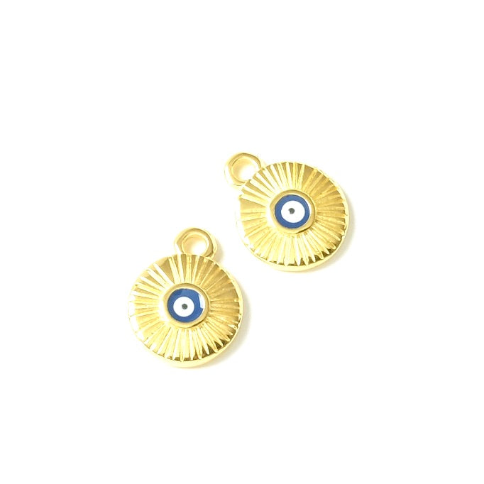 2 Pendentifs oeil émaillé bleu rond en Zamak doré 24K