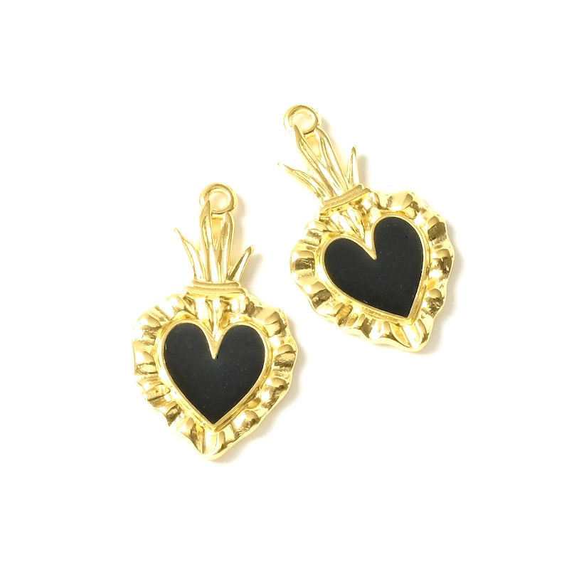 Pendentif Ex-voto Coeur émaillé noir en Zamak doré Or 24K