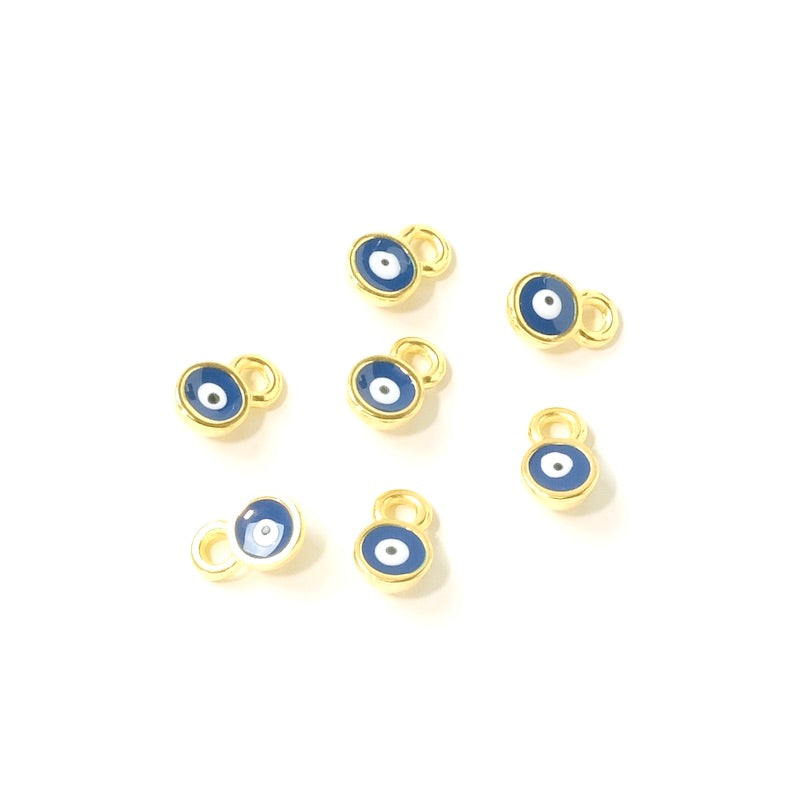 2 minis Pendentifs oeil émaillé bleu rond en Zamak doré 24K