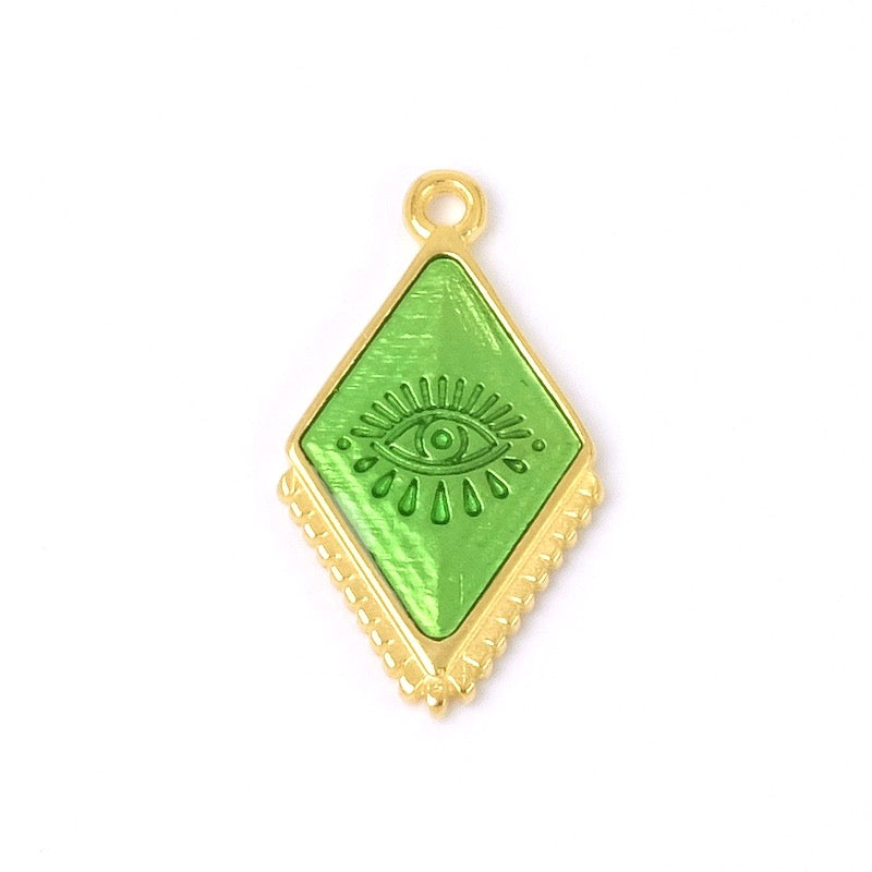 Pendentif losange oeil émaillé vert doré 24K