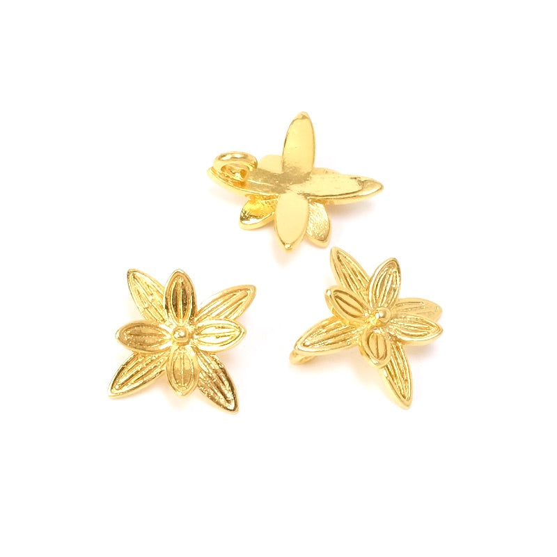 2 Pendentifs Fleur en laiton doré à l&#39;or fin 24K