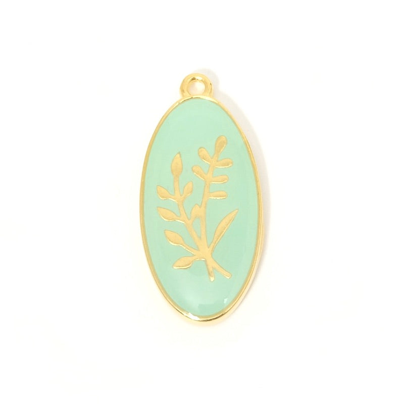 Pendentif ovale avec motif végétal émaillé vert pastel doré 24K