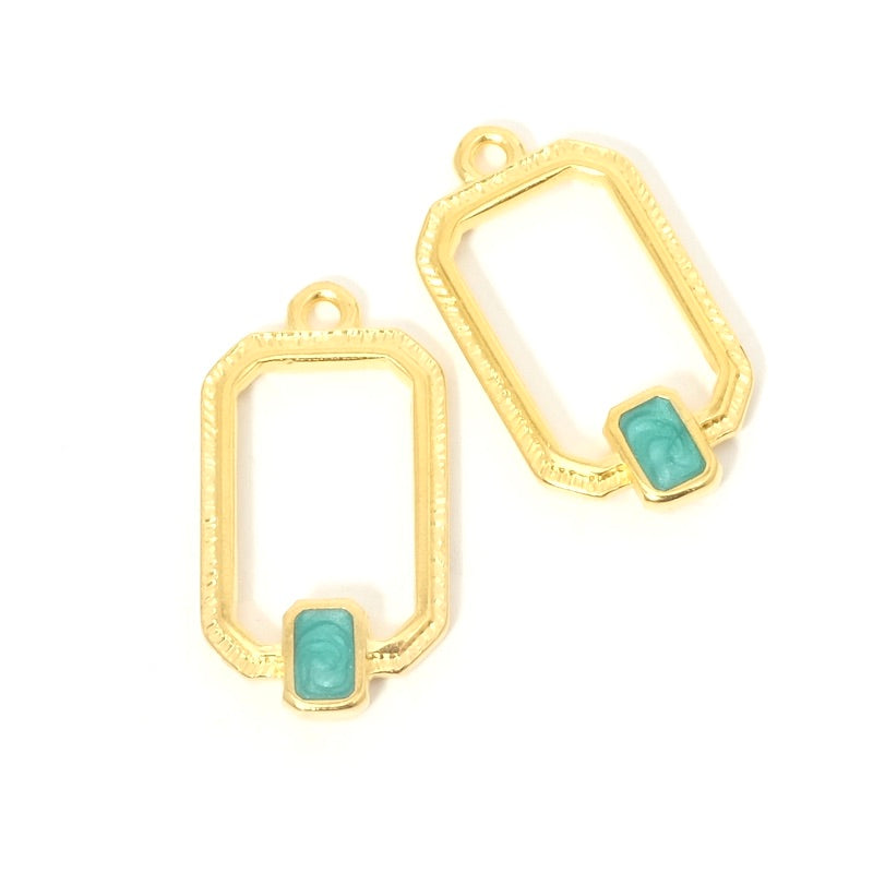 Pendentif cadre avec rectangle émaillé effet turquoise doré 24K